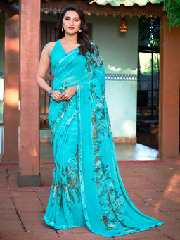 SANSKAR - Turquoise Floral Bemberg Georgette Printed Saree with Unstitched Blouse