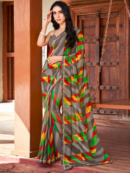 SANSKAR - Grey Chevron Bemberg Georgette Printed Saree with Unstitched Blouse