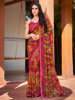 SANSKAR - Red Abstract Bemberg Georgette Printed Saree with Unstitched Blouse