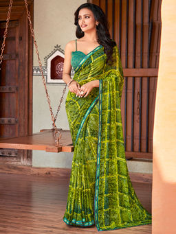 SANSKAR - Green Abstract Bemberg Georgette Printed Saree with Unstitched Blouse