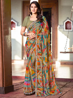 SANSKAR - Multi-Color Abstract Bemberg Georgette Printed Saree with Unstitched Blouse