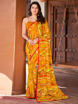 SANSKAR - Mustard Abstract Bemberg Georgette Printed Saree with Unstitched Blouse