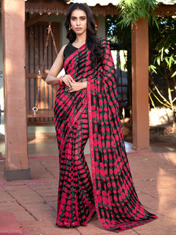 SANSKAR - Black Dot Bemberg Georgette Printed Saree with Unstitched Blouse