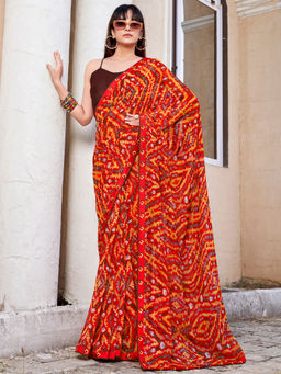 SANSKAR - Orange Abstract Bemberg Georgette Printed Saree with Unstitched Blouse