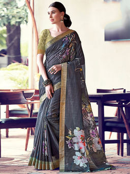 SANSKAR - Grey Floral Digital Print Cotton Silk Zari Weaved Saree with Unstitched Blouse