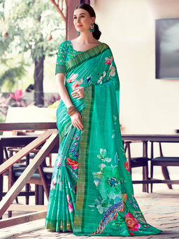 SANSKAR - Green Floral Digital Print Cotton Silk Zari Weaved Saree with Unstitched Blouse