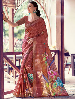 SANSKAR - Rust Floral Digital Print Cotton Silk Zari Weaved Saree with Unstitched Blouse