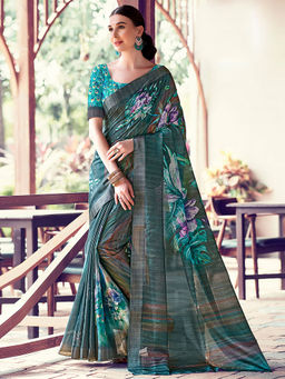 SANSKAR - Turquoise Floral Digital Print Cotton Silk Zari Weaved Saree with Unstitched Blouse