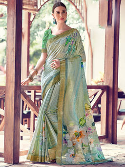 SANSKAR - Green Floral Digital Print Cotton Silk Zari Weaved Saree with Unstitched Blouse