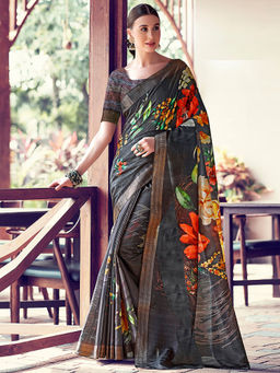 SANSKAR - Grey Floral Digital Print Cotton Silk Zari Weaved Saree with Unstitched Blouse