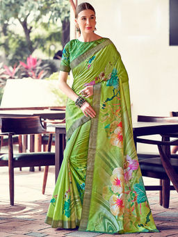 SANSKAR - Green Floral Digital Print Cotton Silk Zari Weaved Saree with Unstitched Blouse