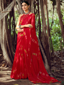 SANSKAR - Red Tie And Dye Print Zari Silk Siroski Diamond Work Saree with Unstitched Blouse