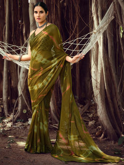 SANSKAR - Green Tie And Dye Print Zari Silk Siroski Diamond Work Saree with Unstitched Blouse