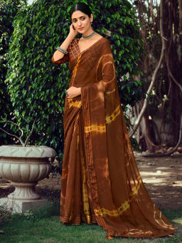 SANSKAR - Brown Tie And Dye Print Zari Silk Siroski Diamond Work Saree with Unstitched Blouse