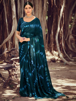 SANSKAR - Blue Tie And Dye Print Zari Silk Siroski Diamond Work Saree with Unstitched Blouse