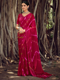 SANSKAR - Pink Tie And Dye Print Zari Silk Siroski Diamond Work Saree with Unstitched Blouse