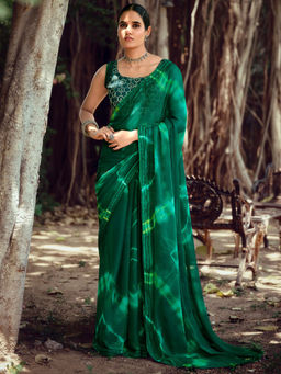 SANSKAR - Green Tie And Dye Print Zari Silk Siroski Diamond Work Saree with Unstitched Blouse