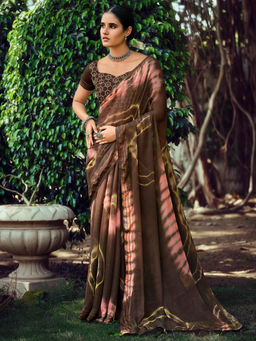 SANSKAR - Brown Tie And Dye Print Zari Silk Siroski Diamond Work Saree with Unstitched Blouse