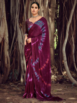 SANSKAR - Purple Tie Dye Print Zari Silk Siroski Diamond Work Saree with Unstitched Blouse
