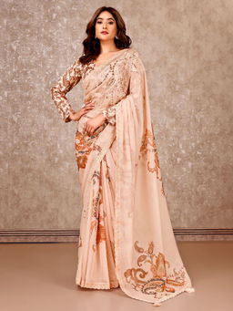 SANSKAR - Beige Organza Digital Printed Tasselled Saree with Unstitched Blouse