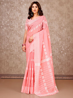 SANSKAR - Pink Cotton Blend Jacquard Weaved Saree with Unstitched Blouse