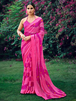 SANSKAR - Pink Bandhani Print Bemberg Georgette Stitched Border Saree with Unstitched Blouse