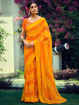 SANSKAR - Orange Bandhani Print Bemberg Georgette Stitched Border Saree with Unstitched Blouse
