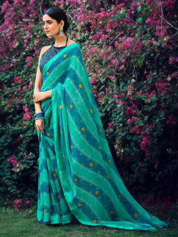 SANSKAR - Turquoise Bandhani Print Bemberg Georgette Saree with Unstitched Blouse