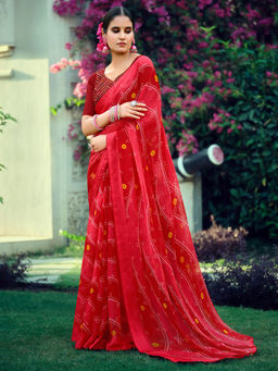 SANSKAR - Red Bandhani Print Bemberg Georgette Stitched Border Saree with Unstitched Blouse