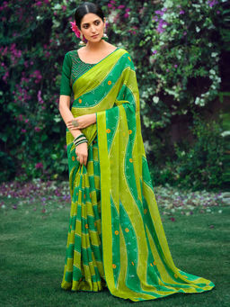 SANSKAR - Green Bandhani Print Bemberg Georgette Stitched Border Saree with Unstitched Blouse