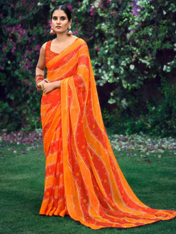 SANSKAR - Orange Bandhani Print Bemberg Georgette Stitched Border Saree with Unstitched Blouse
