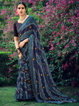 SANSKAR - Dark Blue Bandhani Print Bemberg Georgette Saree with Unstitched Blouse