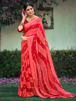 SANSKAR - Red Bandhani Print Bemberg Georgette Stitched Border Saree with Unstitched Blouse