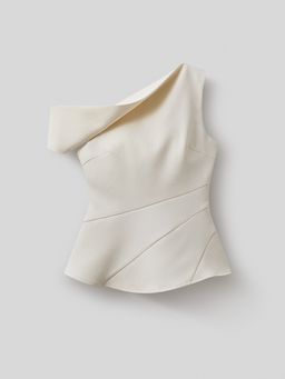 Pomelo - One Shoulder Diagonal Pleated Detail Peplum Top - Beige