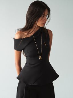 Pomelo - One Shoulder Diagonal Pleated Detail Peplum Top - Black