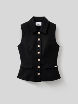 Pomelo - Sleeveless Pointed Collar Front Covered Top