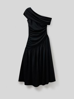 Pomelo - One Shoulder Ruched Asymmetric Long Sleeve Dress - Black