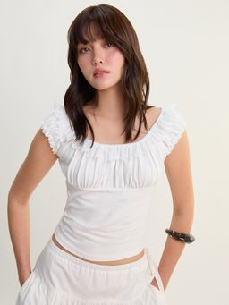 Pomelo - Ruffle Trim Ruched Neckline Top - White