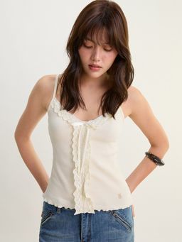Pomelo - Lace Trim Ribbed Cami Top - Ivory