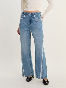 Pomelo - Lace Trim High Waist Wide Leg Jeans - Blue