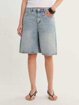 Pomelo - High Waist Longline Denim Shorts - Blue