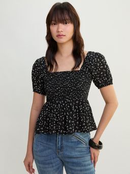 Pomelo - Ditsy Floral Smocked Peplum Blouse Top - Black