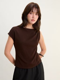 Pomelo - Asymmetric Shoulder Detail Top - Brown