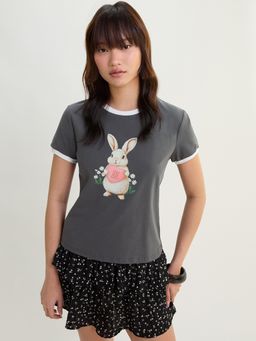 Pomelo - Bunny Graphic Contrast Trim Tee - Grey