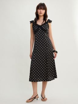 Pomelo - Ruffle Strap Polka Dot Midi Dress - Black