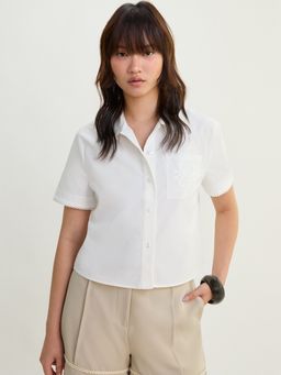 Pomelo - Scallop Trim Cropped Shirt - White