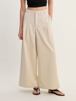 Pomelo - High Waist Pleated Wide Leg Pants - Beige