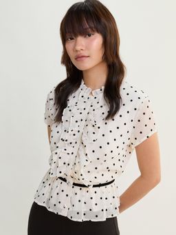 Pomelo - Ruffle Front Polka Dot Peplum Blouse Top - White
