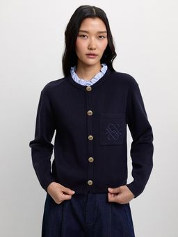 Pomelo - Embroidered Pocket Cardigan - Navy Blue