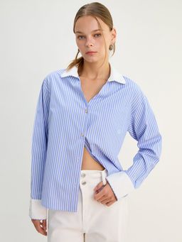 Pomelo - Contrast Collar and Trim Stripe Shirt - Blue